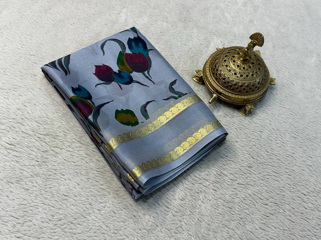     			LAXMI SILK MILLS Crepe Printed Mysore Silk Sarees With Unstitched Blouse Piece ( Grey )