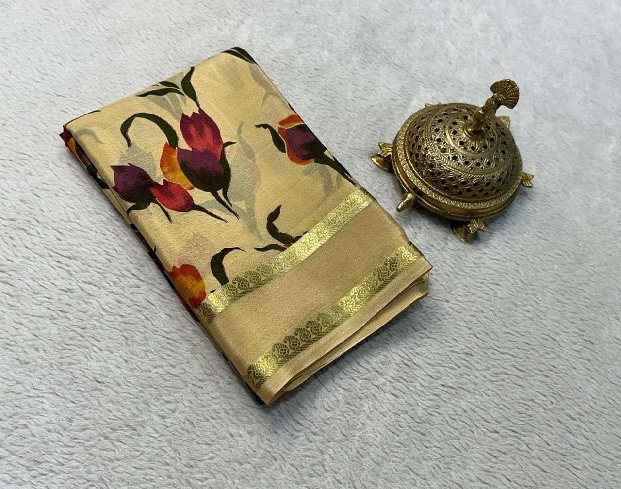     			LAXMI SILK MILLS Crepe Printed Mysore Silk Sarees With Unstitched Blouse Piece ( Beige )