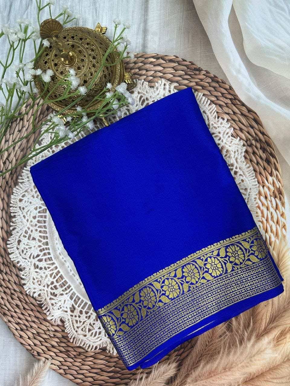 LAXMI SILK MILLS Crepe Woven Design Mysore Silk Sarees With Unstitched Blouse Piece ( Blue ) LAXMI SILK MILLS Crepe Woven Design Mysore Silk Sarees With Unstitched Blouse Piece ( Blue )