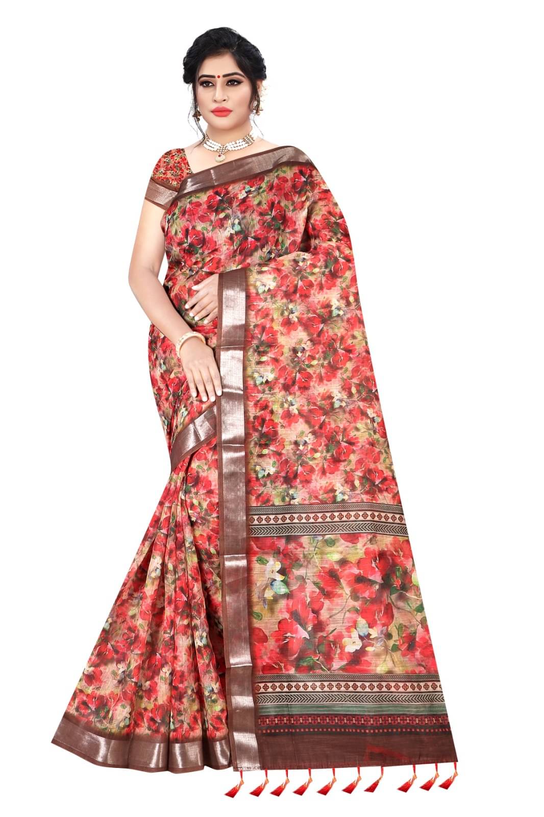     			RADHA RANI PRINTS Linen Printed Regular Saree With Unstitched Blouse Piece ( Maroon,Red )