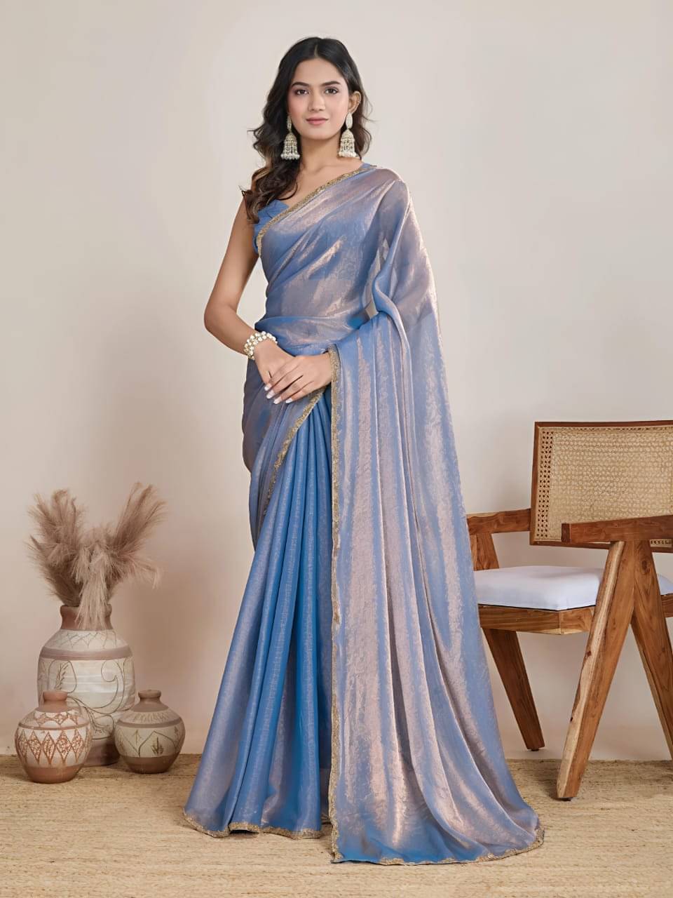     			RIYA ENTERPRISE Chiffon Solid Regular Saree With Unstitched Blouse Piece ( Blue )