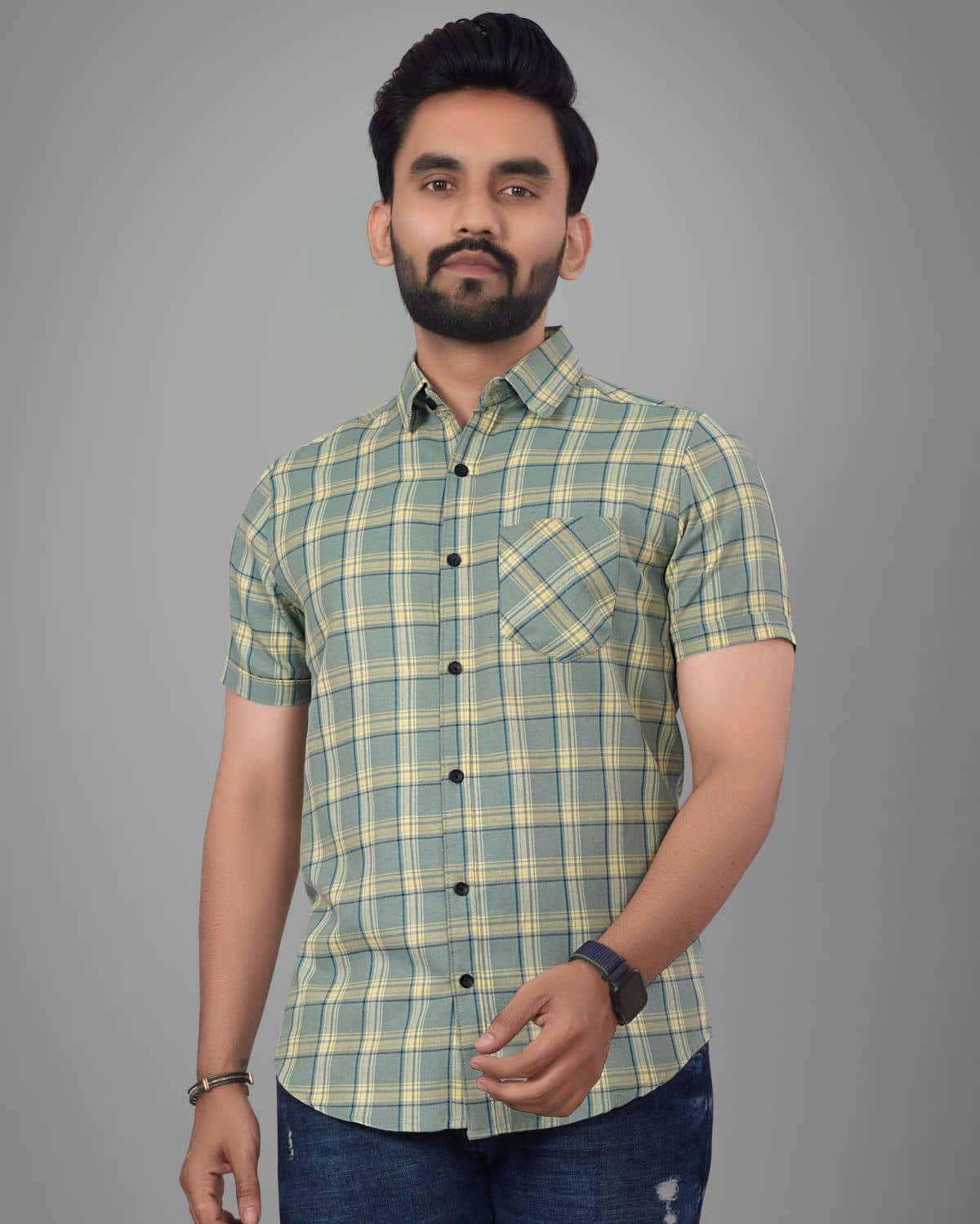 SUR-T Cotton Blend Regular Fit Checks Half Sleeves Men's Casual Shirt - Green ( Pack of 1 )