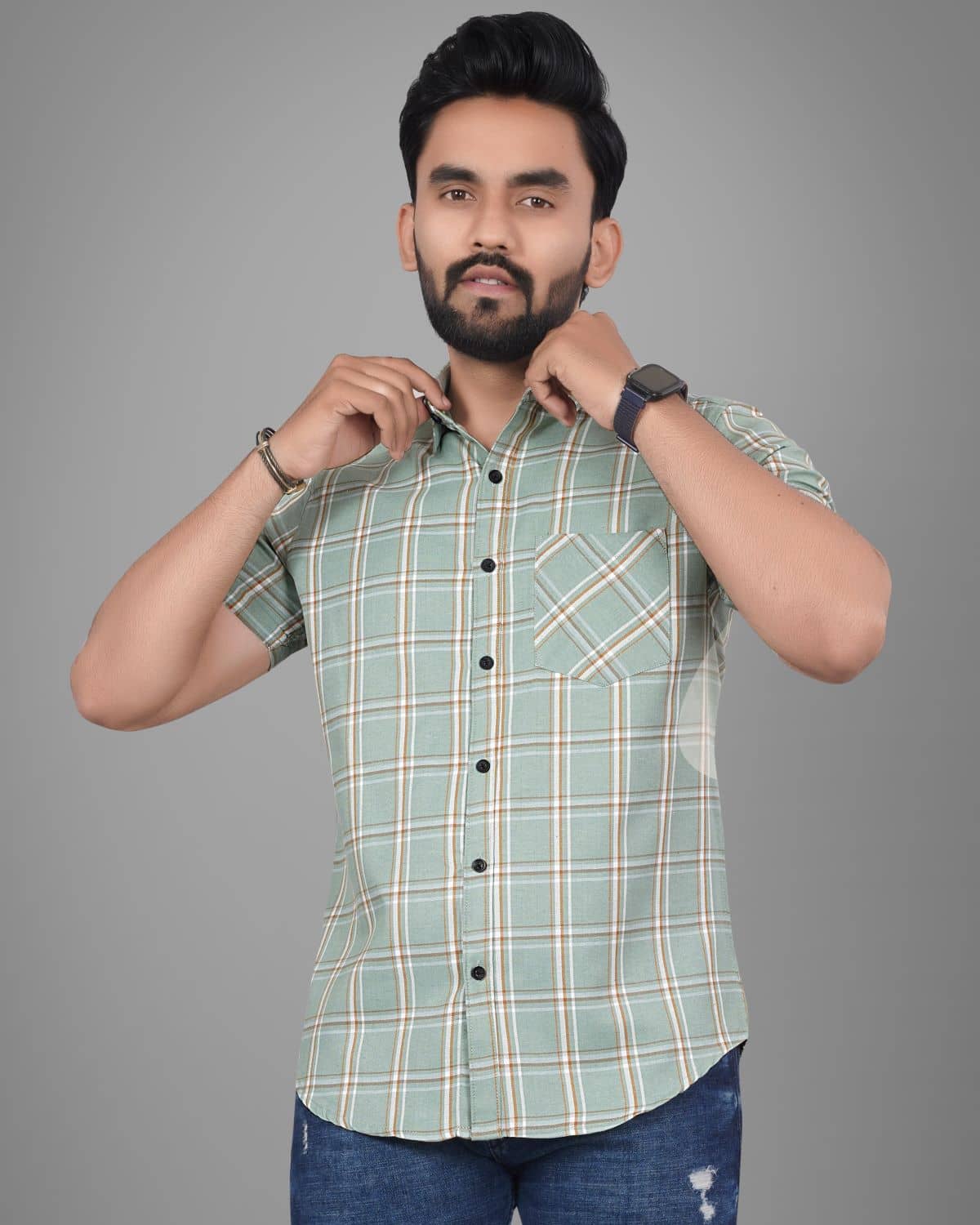 SUR-T Cotton Blend Regular Fit Checks Half Sleeves Men's Casual Shirt - Green ( Pack of 1 )