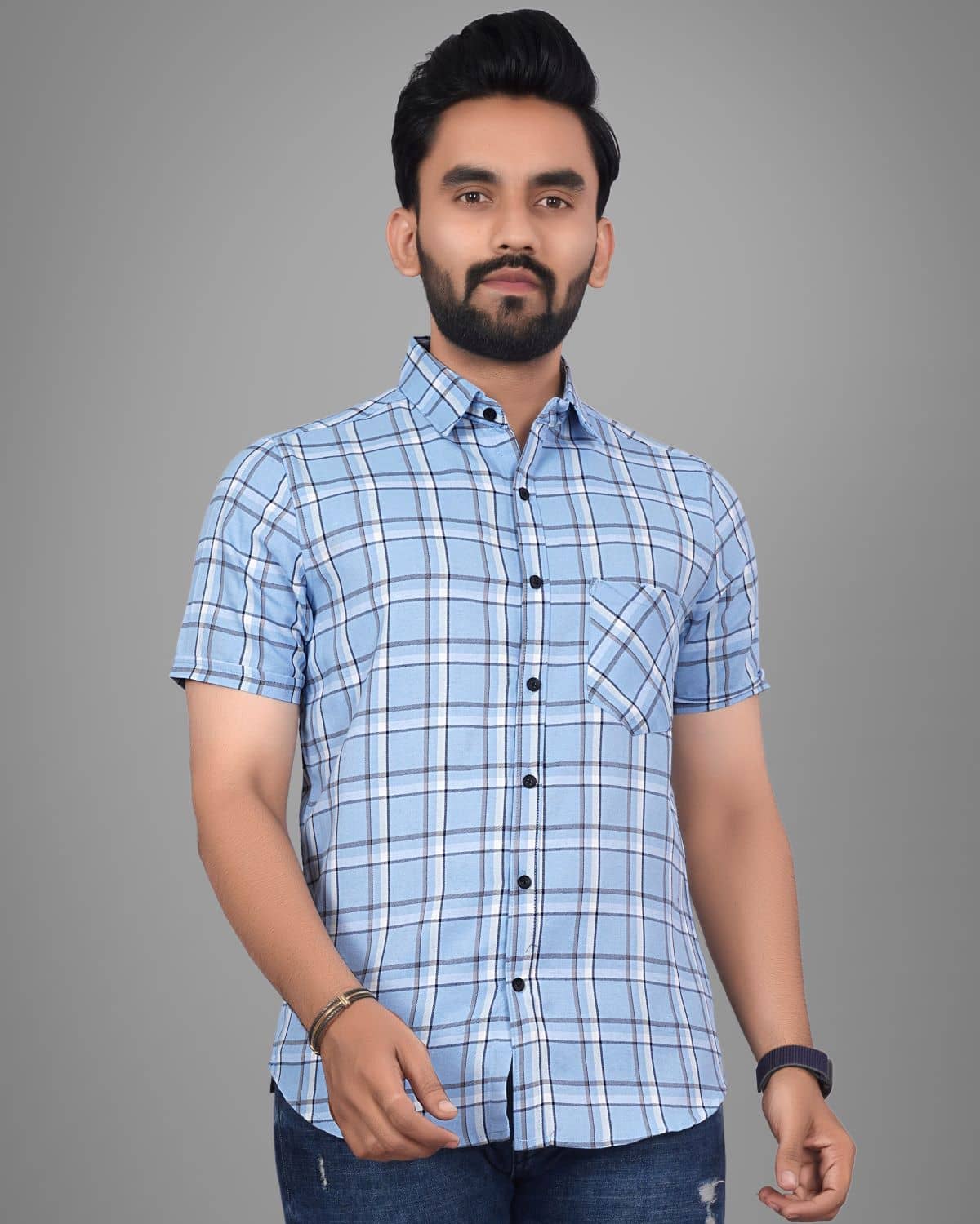 SUR-T Cotton Blend Regular Fit Checks Half Sleeves Men's Casual Shirt - Turquoise ( Pack of 1 )