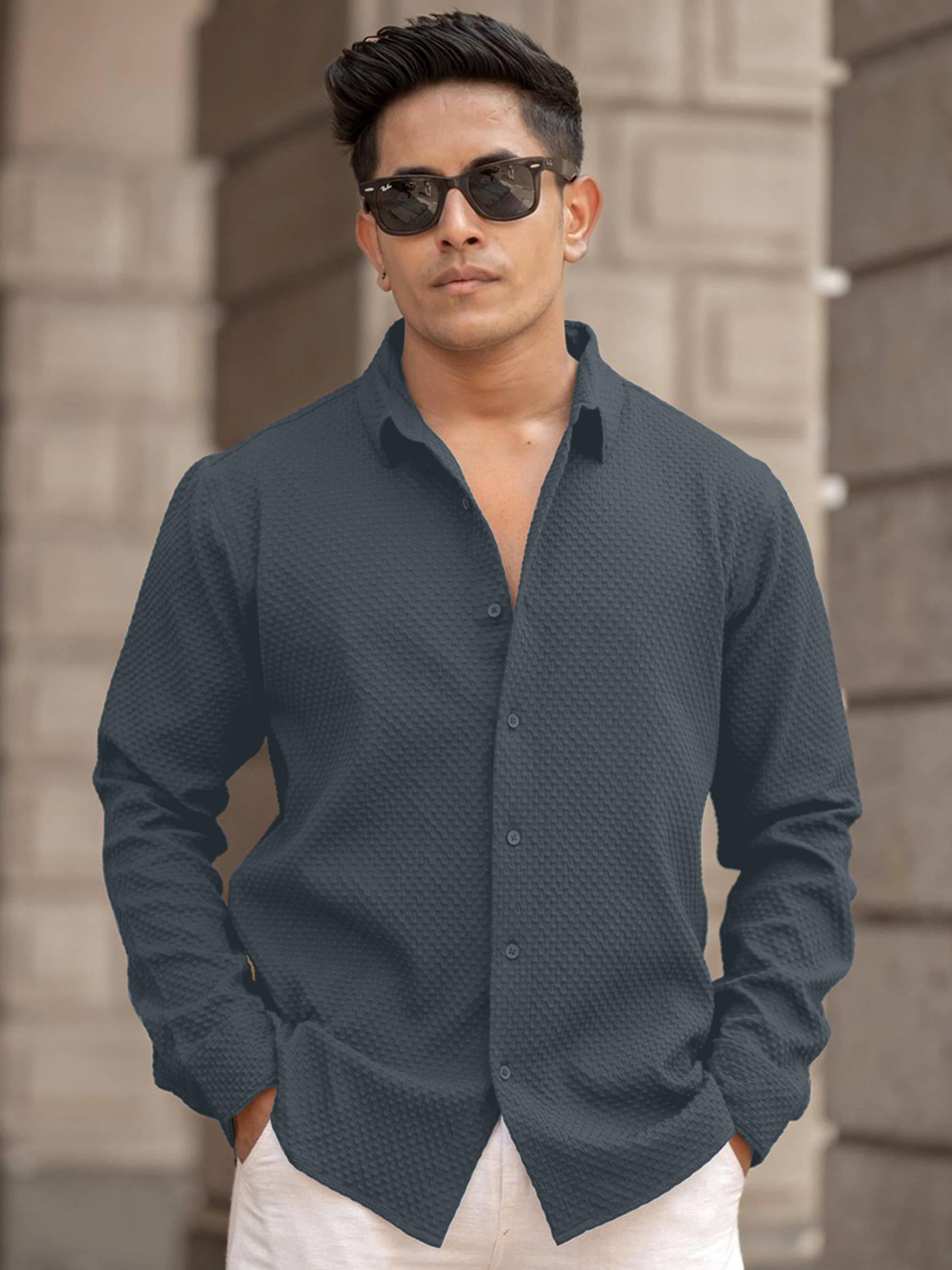     			VODPROS Cotton Blend Regular Fit Self Design Full Sleeves Men's Casual Shirt - Grey ( Pack of 1 )