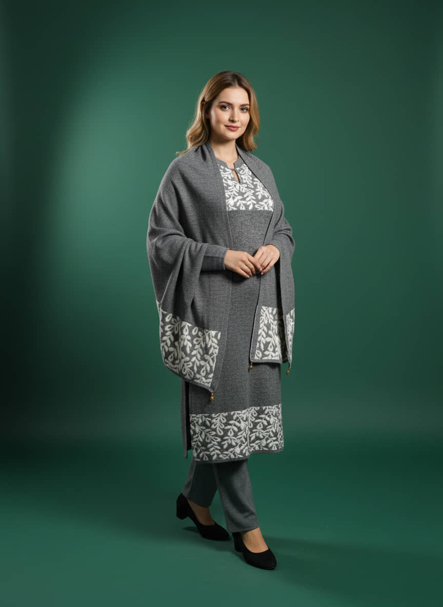 WOOL'S KART Women Woollen Printed A-line Kurti With Palazzo ( Grey )