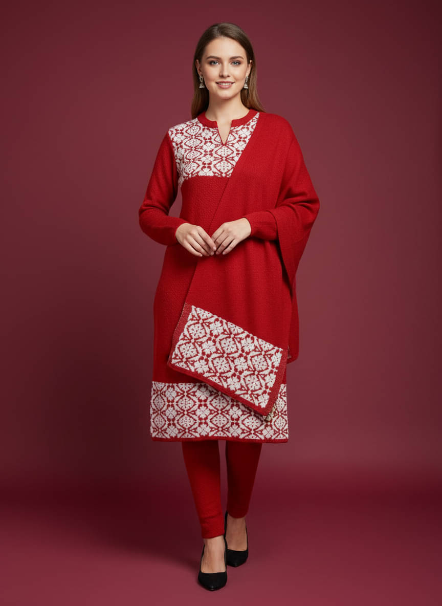     			WOOL'S KART Women Woollen Printed A-line Kurti With Palazzo ( Red )