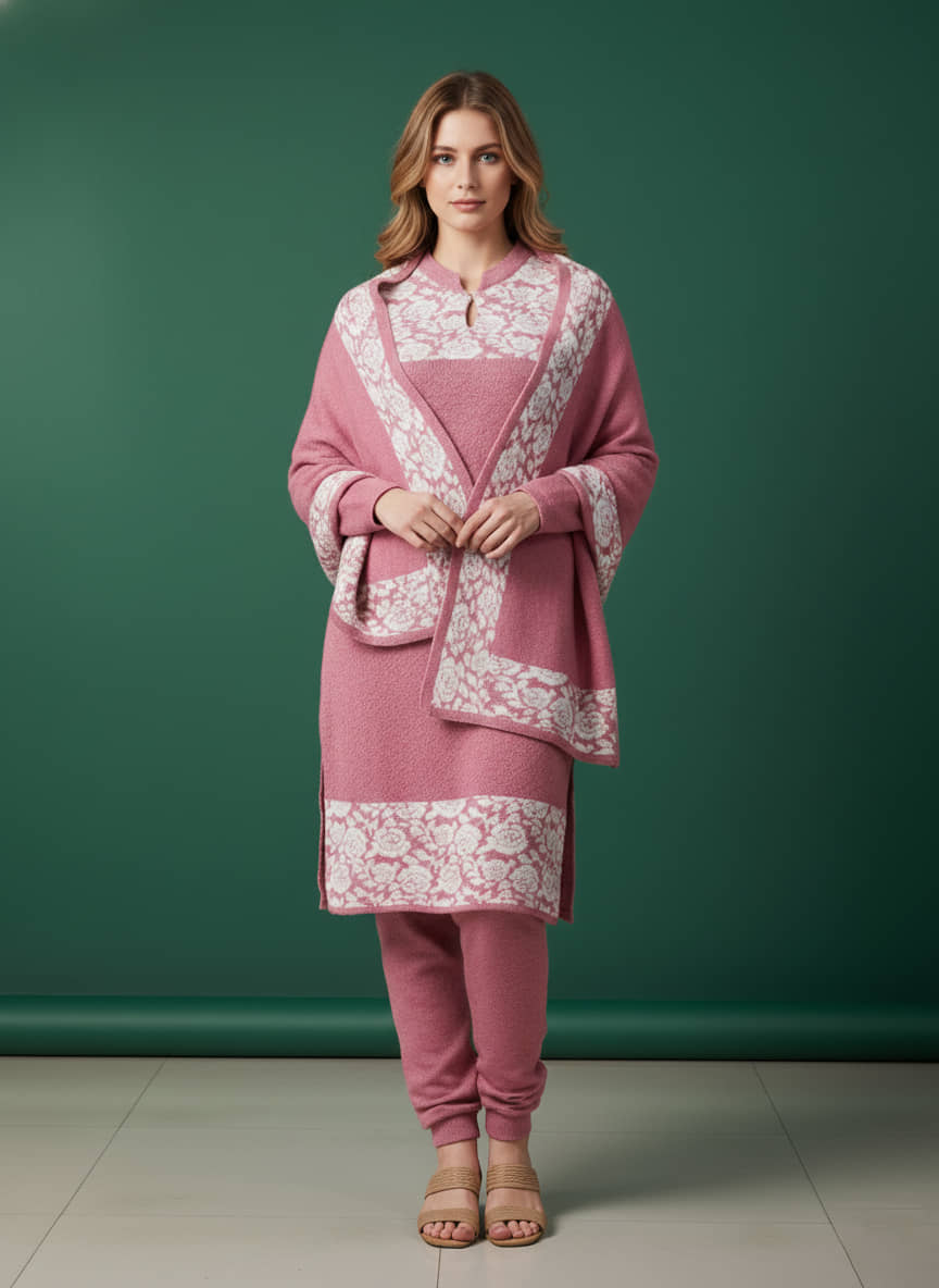 WOOL'S KART Women Woollen Printed A-line Kurti With Palazzo ( Pink )