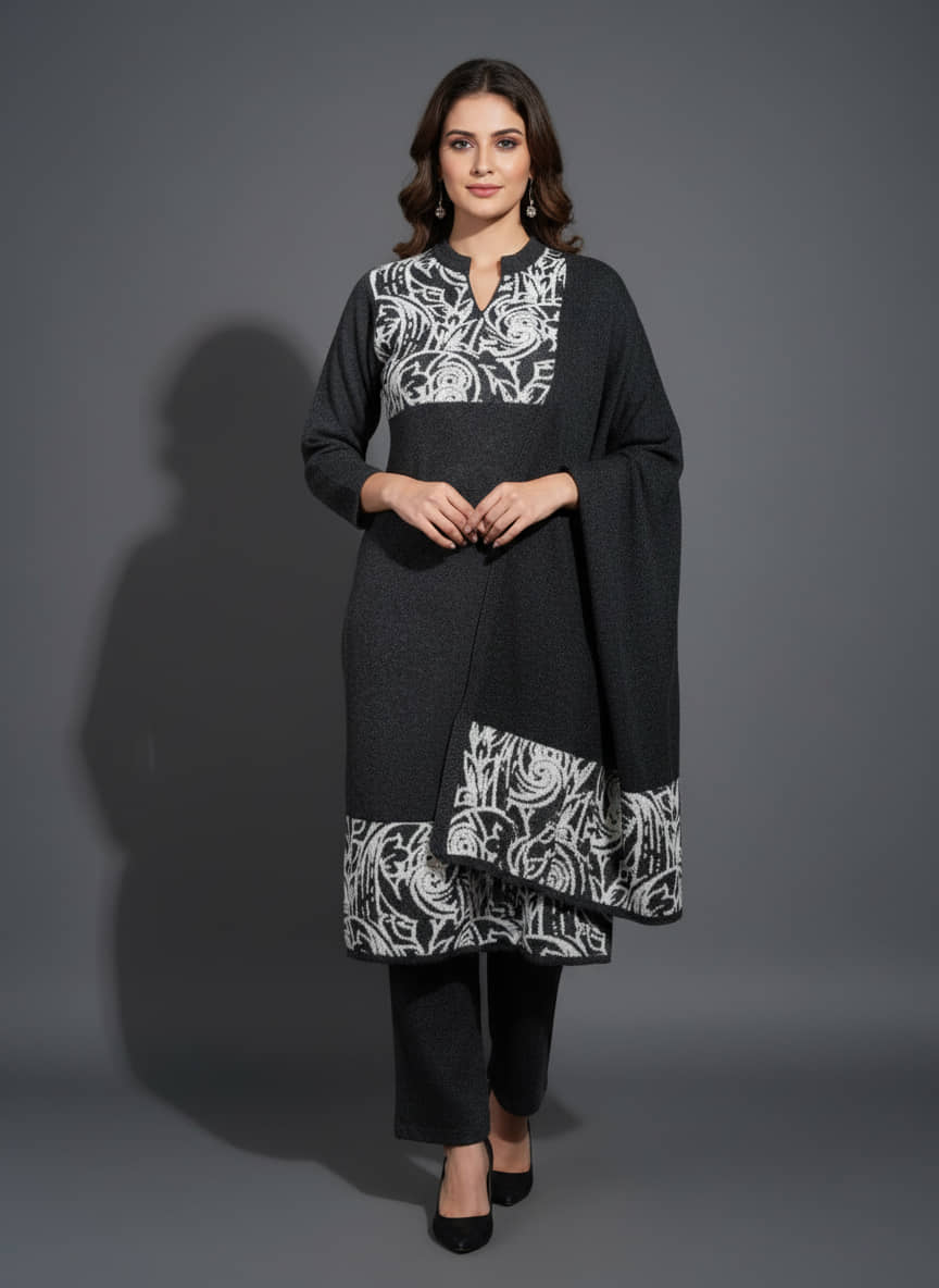 WOOL'S KART Women Woollen Printed A-line Kurti With Palazzo ( Black )