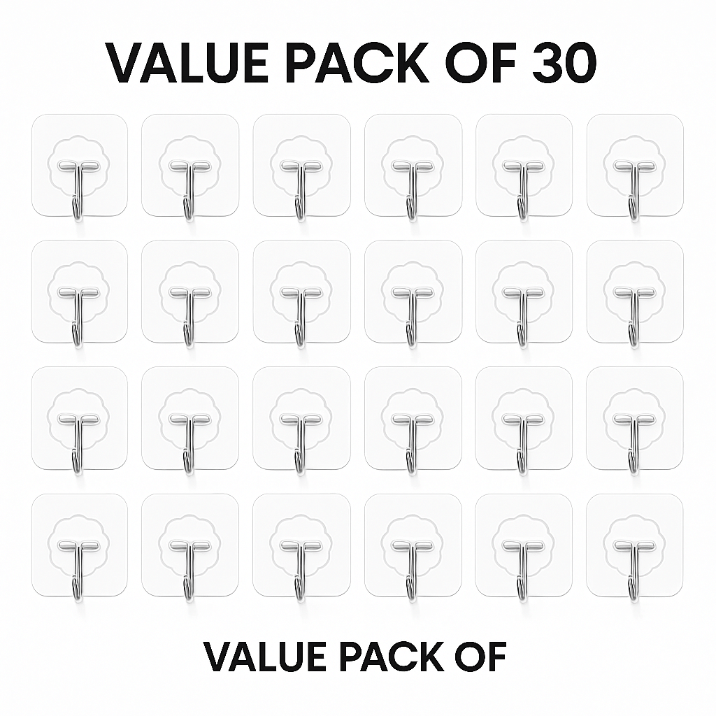     			elf-Adhesive Wall Hooks | Heavy Duty Transparent Utility Hooks | Value Pack of 30 | Waterproof, Reusable & Damage-Free Wall Hanger