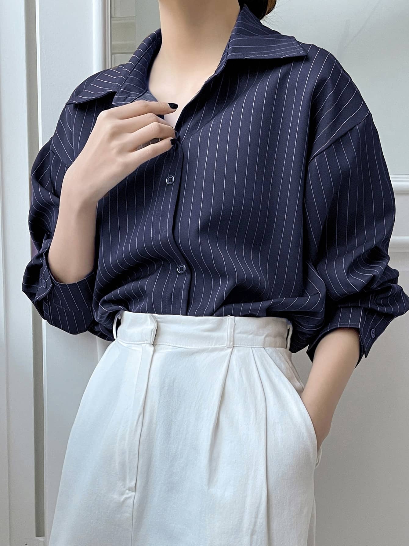 Aahwan Women Striped Polyester Shirt ( Blue )