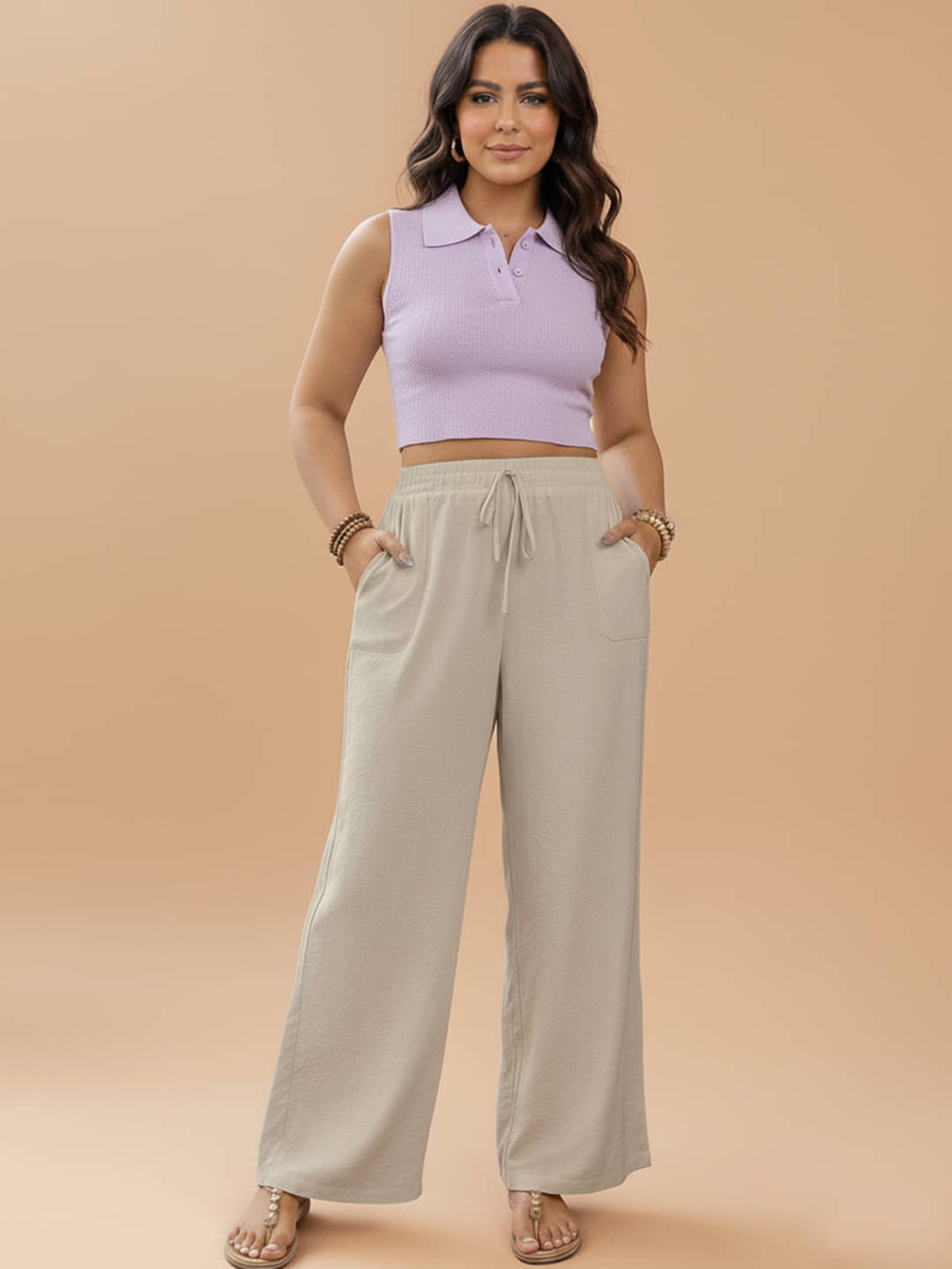     			Alisba Women Cotton Wide Leg Trousers ( Beige )