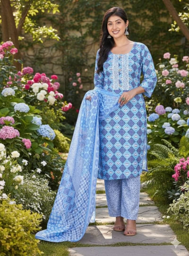 Blue Star Women Cotton Printed A-line Kurti With Pants ( Dark Blue ) Blue Star Women Cotton Printed A-line Kurti With Pants ( Dark Blue )