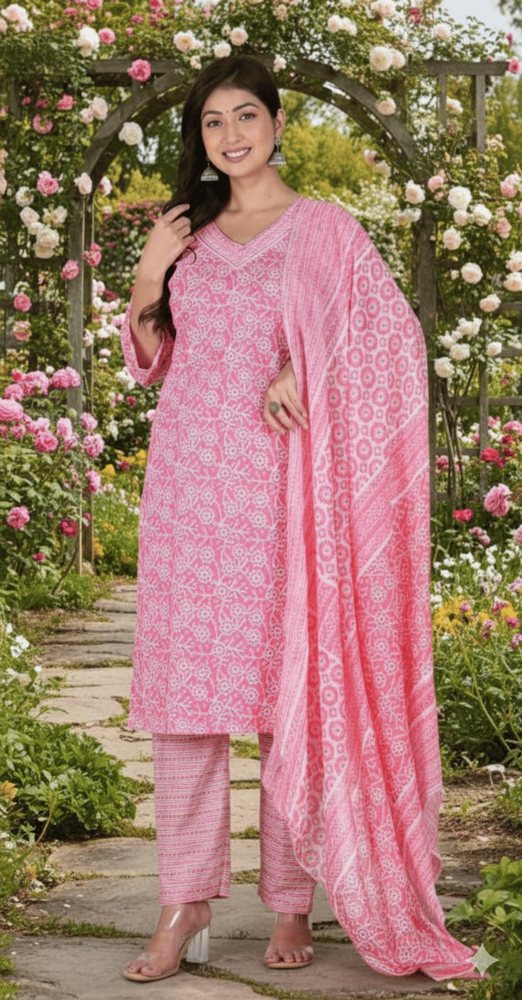     			Blue Star Women Cotton Printed A-line Kurti With Pants ( Fluorescent Pink )