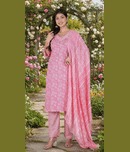 Blue Star Women Cotton Printed A-line Kurti With Pants ( Fluorescent Pink )