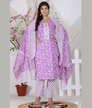 Blue Star Women Cotton Printed A-line Kurti With Pants ( Lavender )
