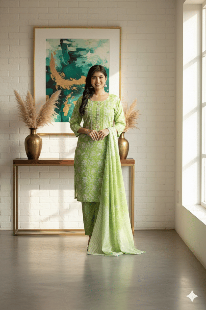 Blue Star Women Cotton Printed A-line Kurti With Pants ( Lime Green ) Blue Star Women Cotton Printed A-line Kurti With Pants ( Lime Green )