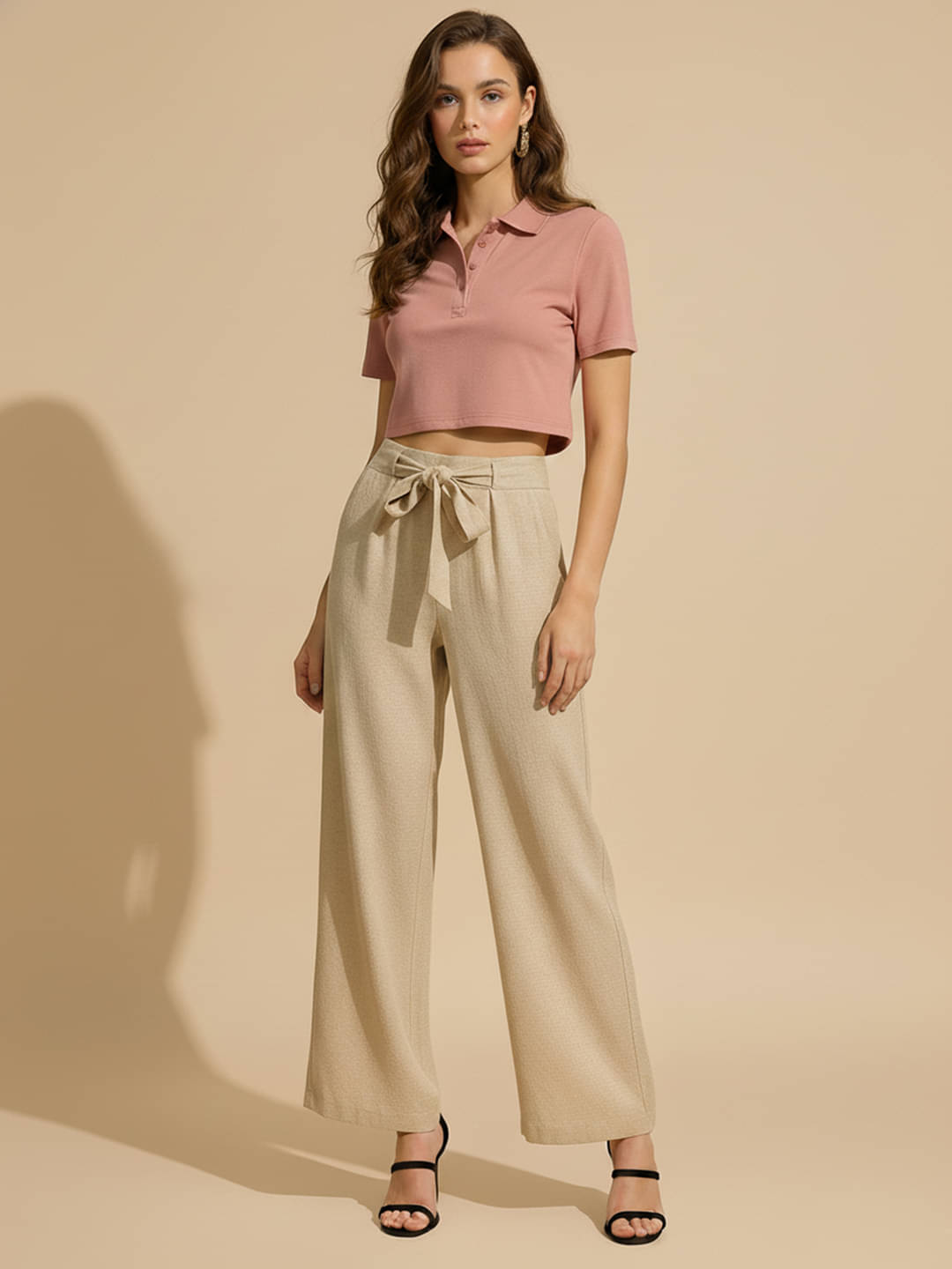     			DTR FASHION Women Cotton Blend Wide Leg Trousers ( Beige )