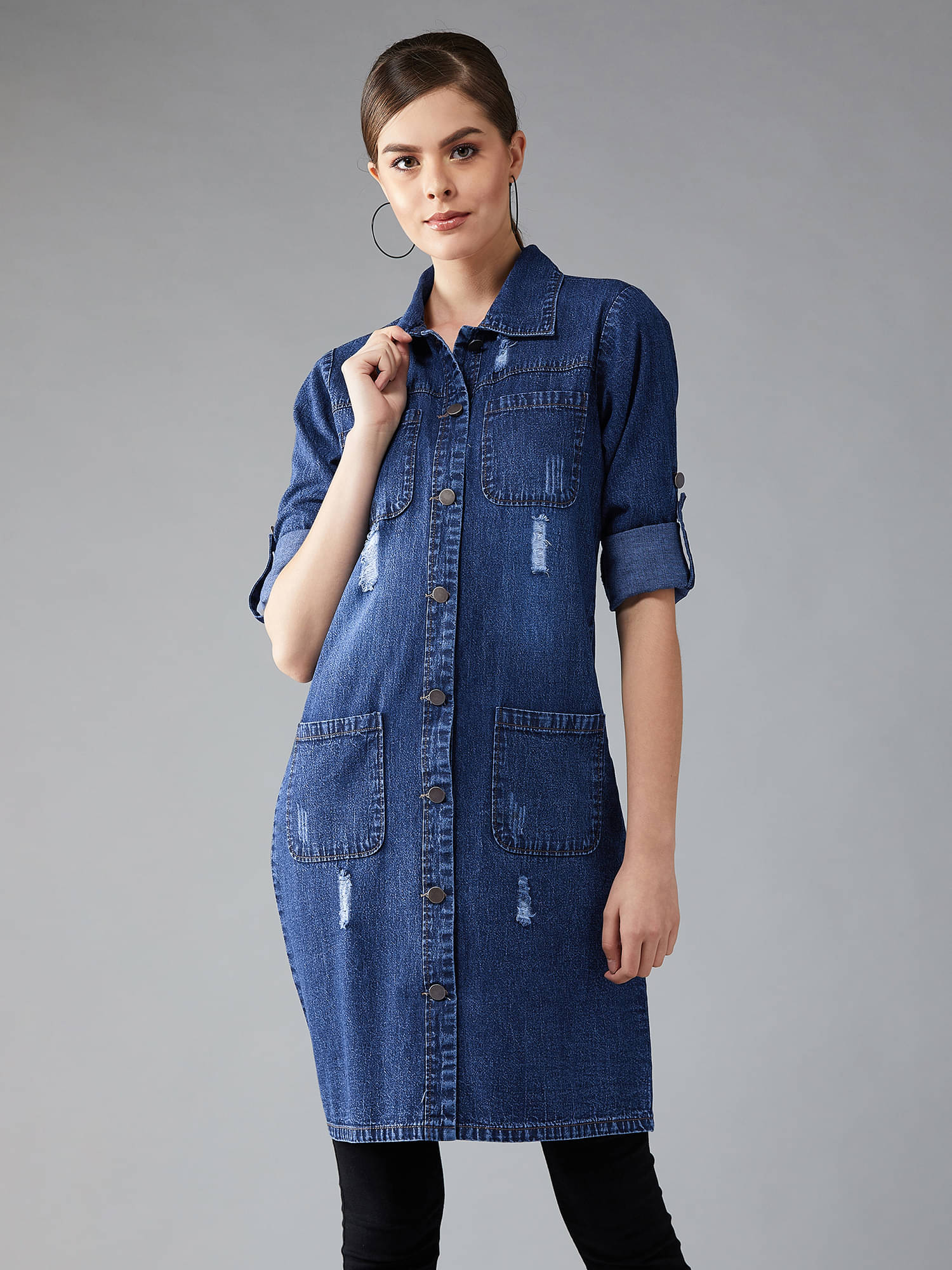     			Dolce Crudo Women Shirt Collar Denim Jacket ( Navy Blue )