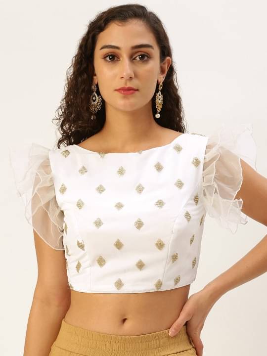     			Ethnovog Georgette Readymade without Pad Boat Neck Women's Blouse ( White )