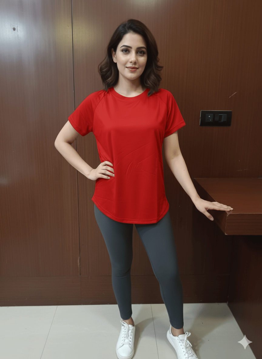     			MYO2 Women Polyester Solid Regular Fit Round Neck T-Shirt ( Red )