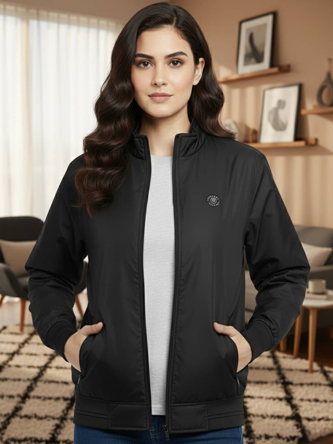     			Mountain colours Women High Neck Puffer Jacket ( Black )