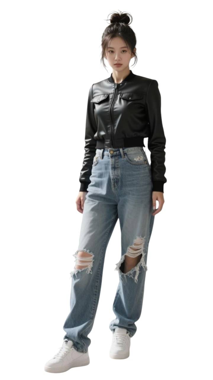     			NEW-18 Women Round Neck Leather Jacket ( Black )