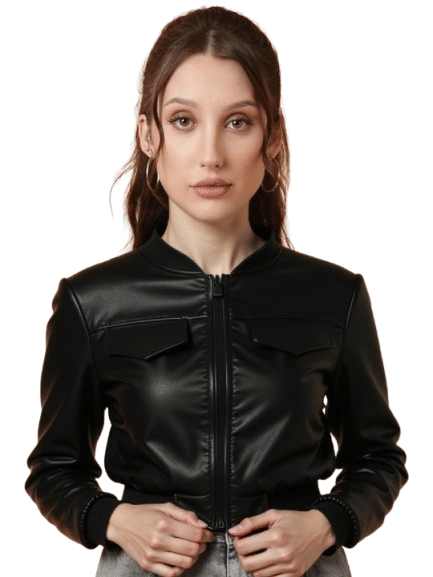     			NEW-18 Women Round Neck Leather Jacket ( Black )