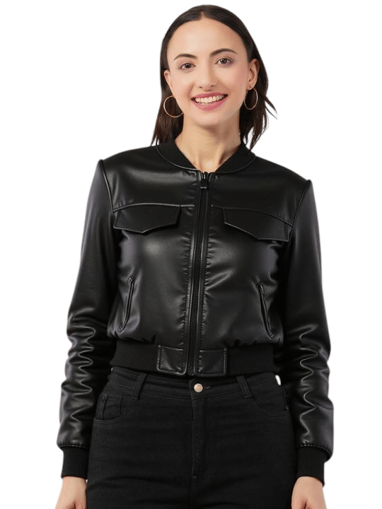     			NEW-18 Women Round Neck Leather Jacket ( Black )