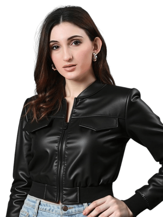     			NEW-18 Women Round Neck Leather Jacket ( Black )
