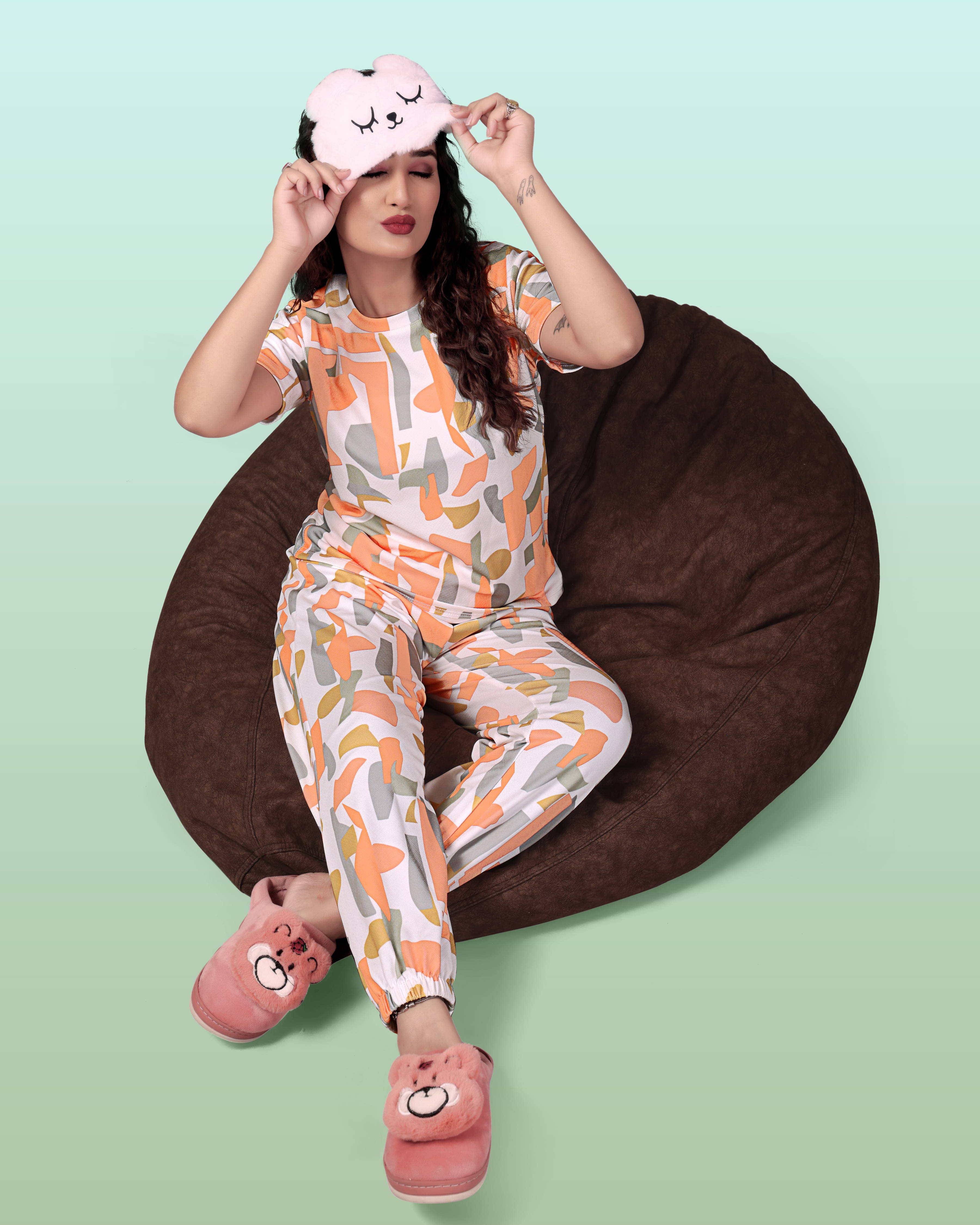     			SAKARMAA Cotton Blend Printed Women Top with Pyjama ( Peach )
