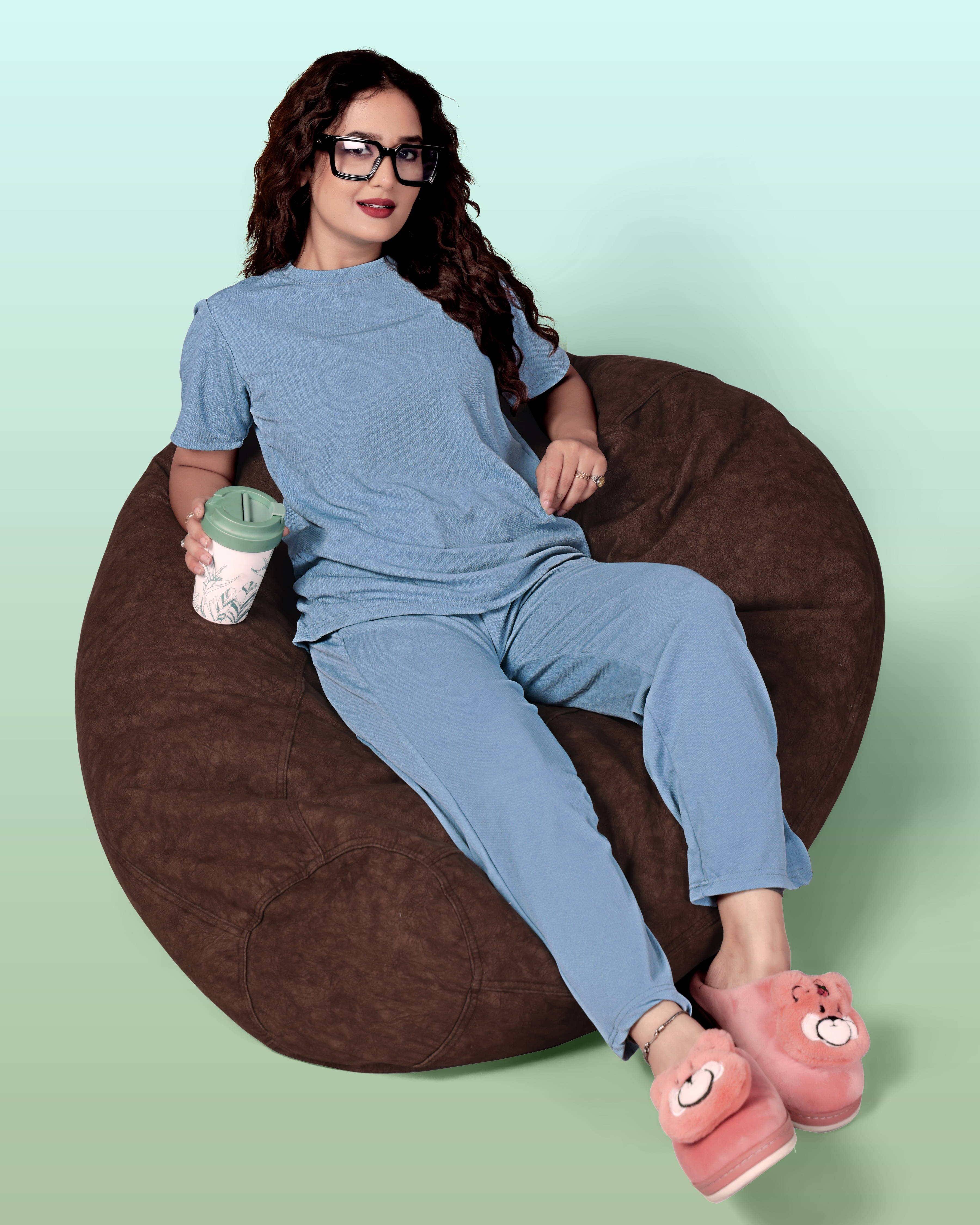     			SAKARMAA Cotton Blend Solid Women Top with Pyjama ( Light Blue )