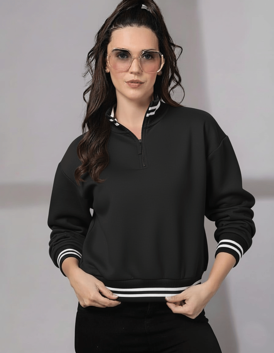 vivient Women Fleece Mandarin Collar Sweatshirt For Light Winters ( Black ) vivient Women Fleece Mandarin Collar Sweatshirt For Light Winters ( Black )