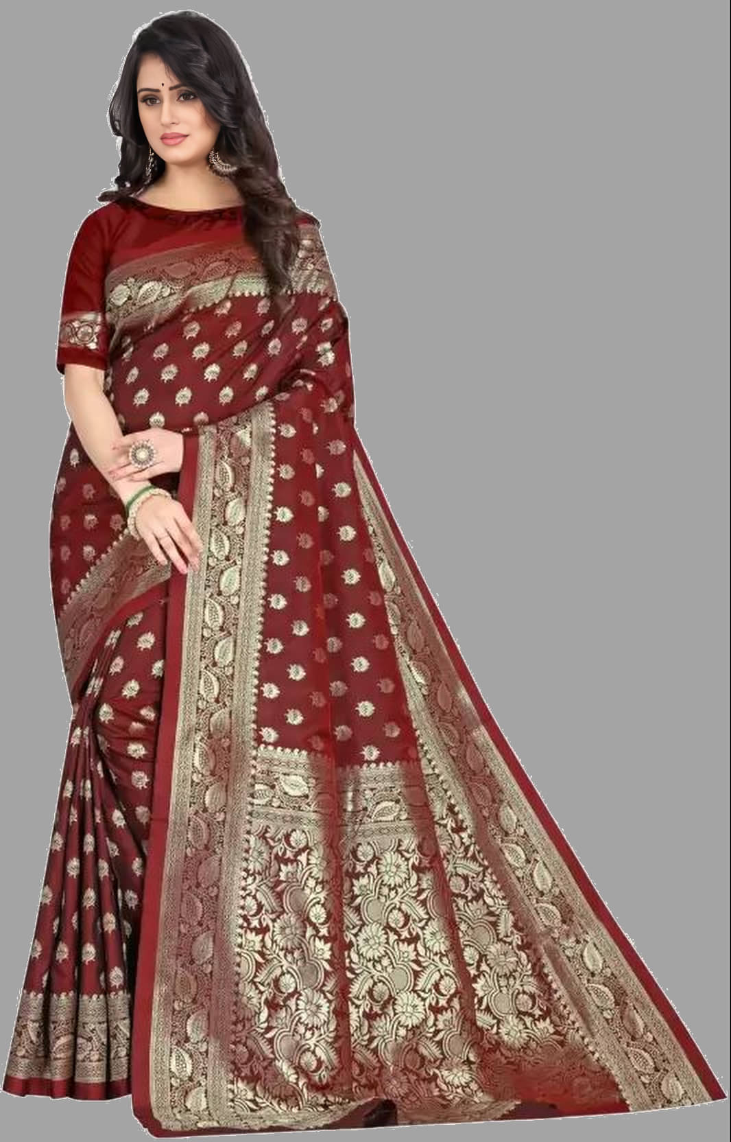 ANAND SAREES Jacquard Woven Design Banarasi saree With Unstitched Blouse Piece ( Wine ) ANAND SAREES Jacquard Woven Design Banarasi saree With Unstitched Blouse Piece ( Wine )
