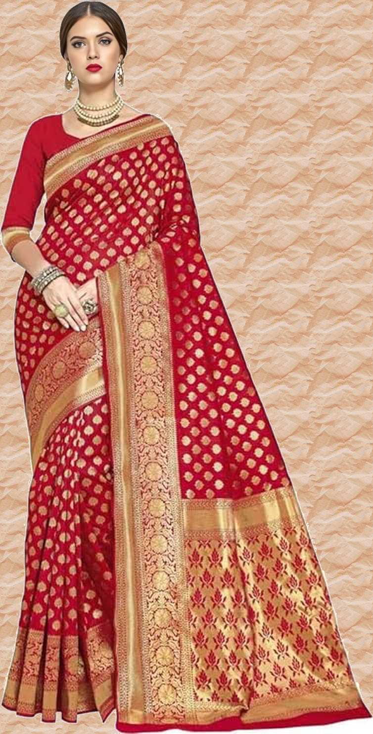 ANAND SAREES Jacquard Woven Design Banarasi saree With Unstitched Blouse Piece ( Red ) ANAND SAREES Jacquard Woven Design Banarasi saree With Unstitched Blouse Piece ( Red )