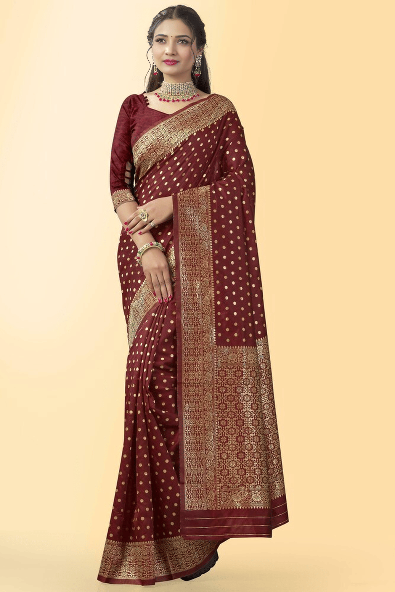     			ANAND SAREES Jacquard Woven Design Banarasi saree With Unstitched Blouse Piece ( Maroon )