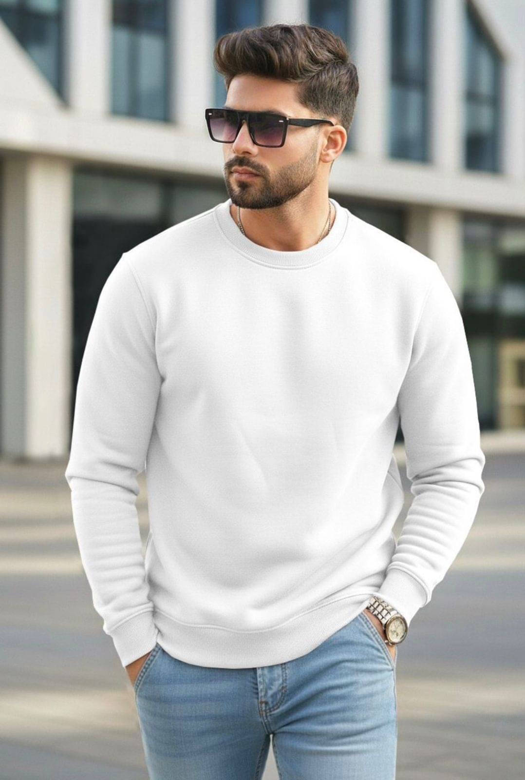 Hoodler Fleece Round Neck Men's Sweatshirt - White ( Pack of 1 ) Hoodler Fleece Round Neck Men's Sweatshirt - White ( Pack of 1 )