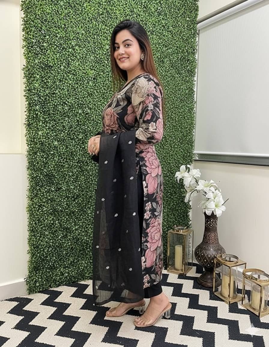 MirrorTrendz Women Rayon Printed A-line Kurti With Pants ( Black ) MirrorTrendz Women Rayon Printed A-line Kurti With Pants ( Black )