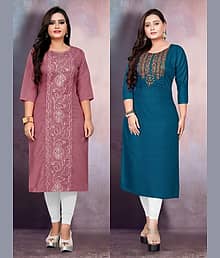 RIAANA Women Cotton Blend Embroidered Straight Kurti ( Multicolor )