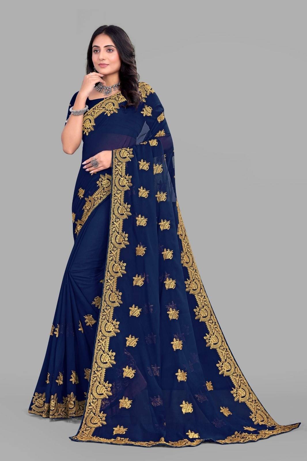 Rellaxa Waves Georgette Embroidered Regular Saree With Unstitched Blouse Piece ( Blue ) Rellaxa Waves Georgette Embroidered Regular Saree With Unstitched Blouse Piece ( Blue )