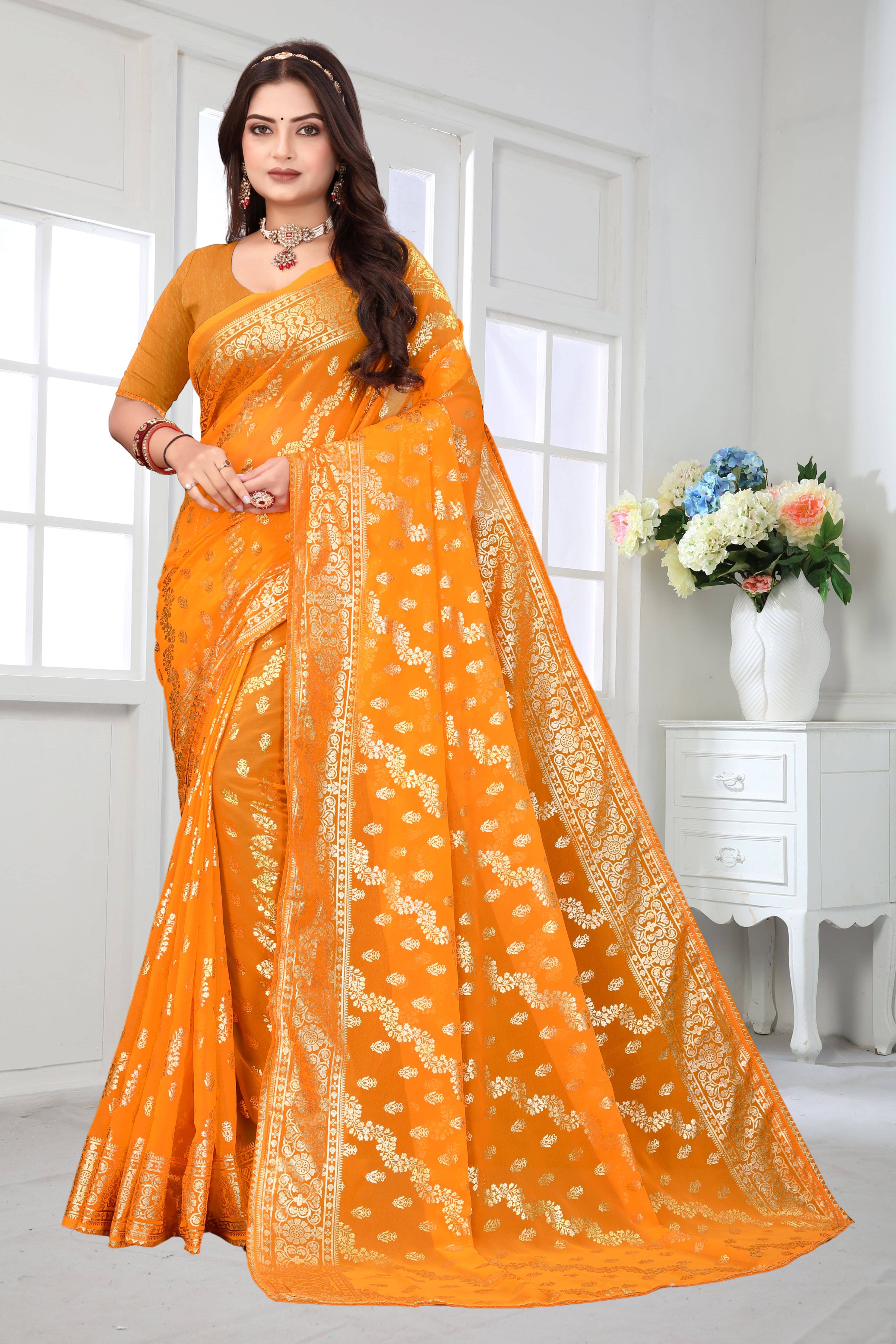 Rellaxa Waves Georgette Woven Regular Saree With Unstitched Blouse Piece ( Yellow ) Rellaxa Waves Georgette Woven Regular Saree With Unstitched Blouse Piece ( Yellow )