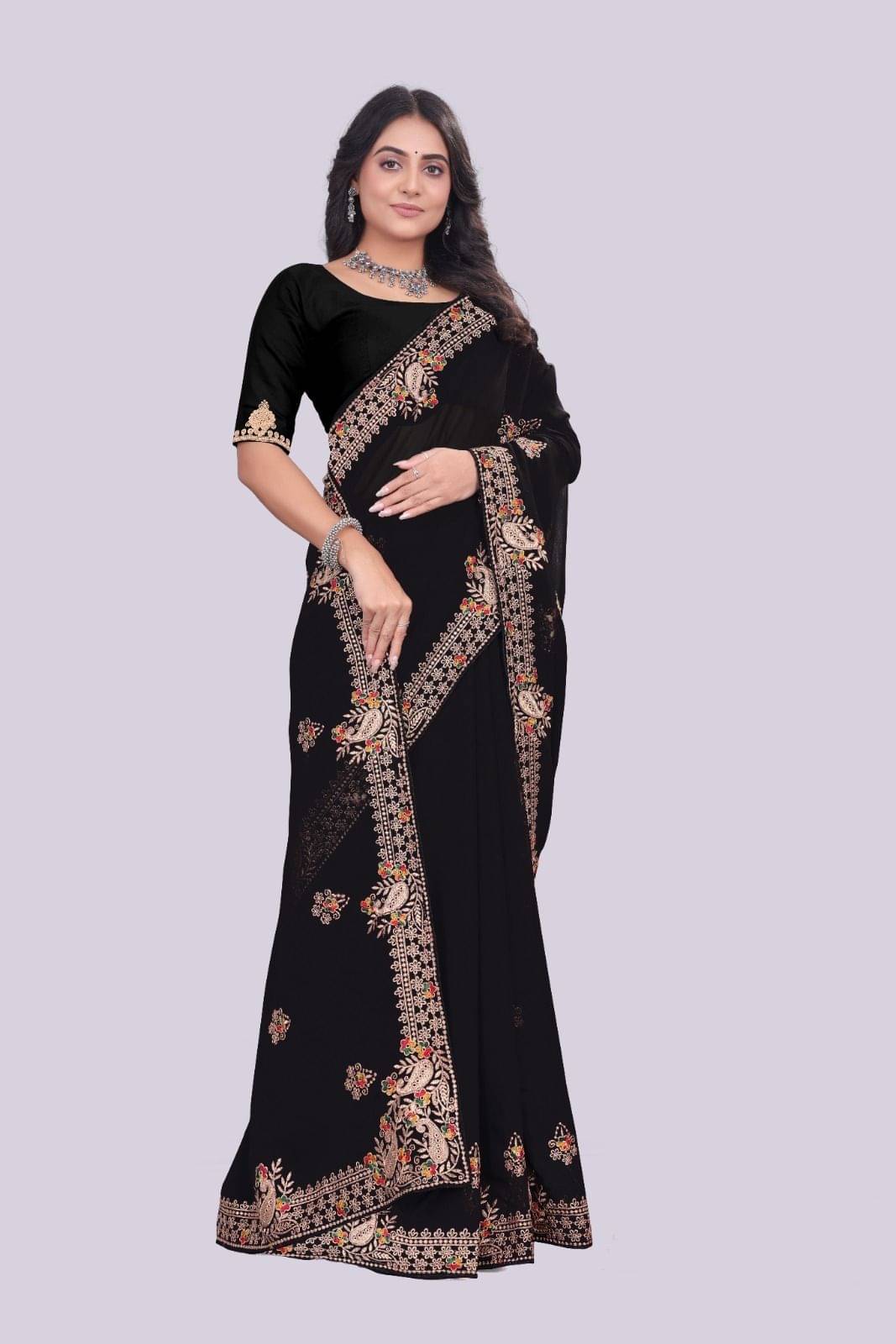 Rellaxa Waves Georgette Woven Regular Saree With Unstitched Blouse Piece ( Black ) Rellaxa Waves Georgette Woven Regular Saree With Unstitched Blouse Piece ( Black )