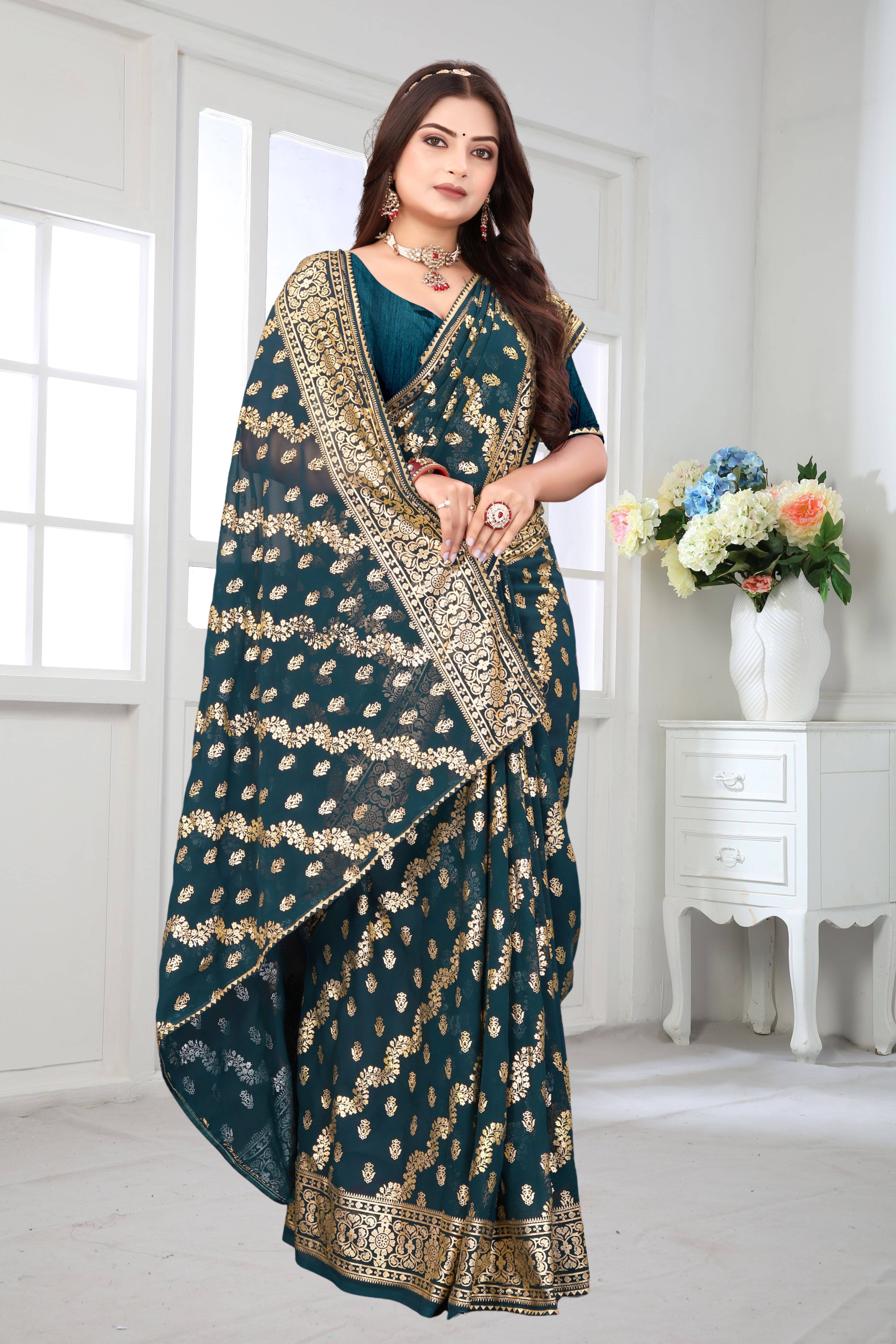 Rellaxa Waves Georgette Woven Regular Saree With Unstitched Blouse Piece ( Green ) Rellaxa Waves Georgette Woven Regular Saree With Unstitched Blouse Piece ( Green )