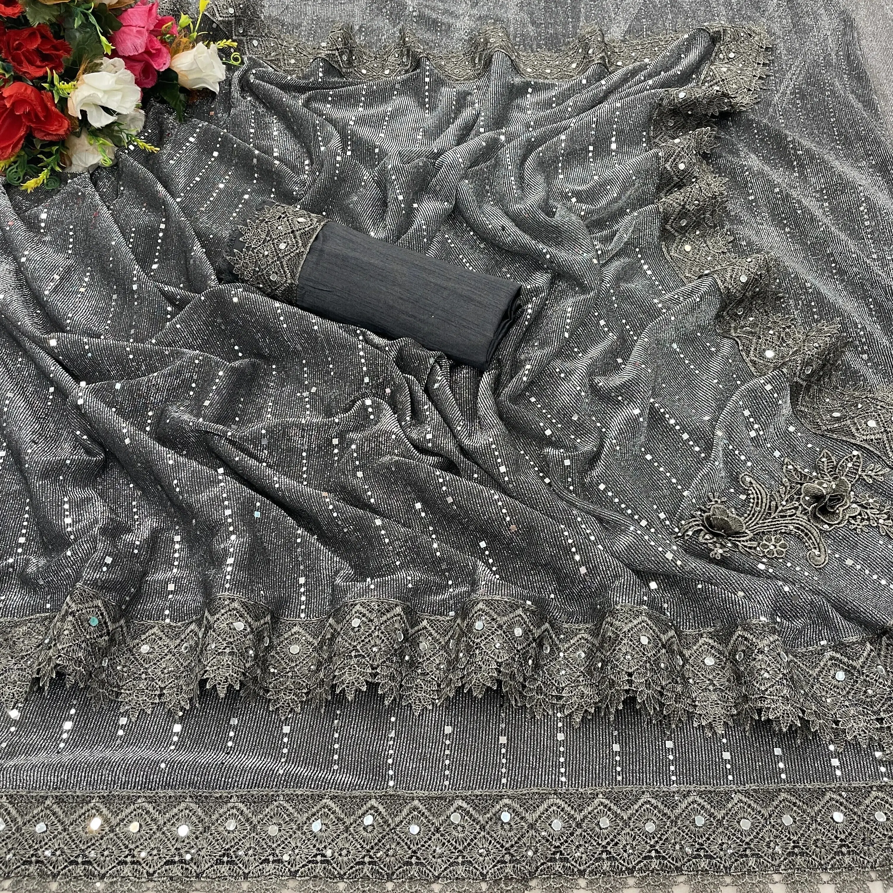 Rellaxa Waves Lycra Applique Regular Saree With Unstitched Blouse Piece ( Grey ) Rellaxa Waves Lycra Applique Regular Saree With Unstitched Blouse Piece ( Grey )