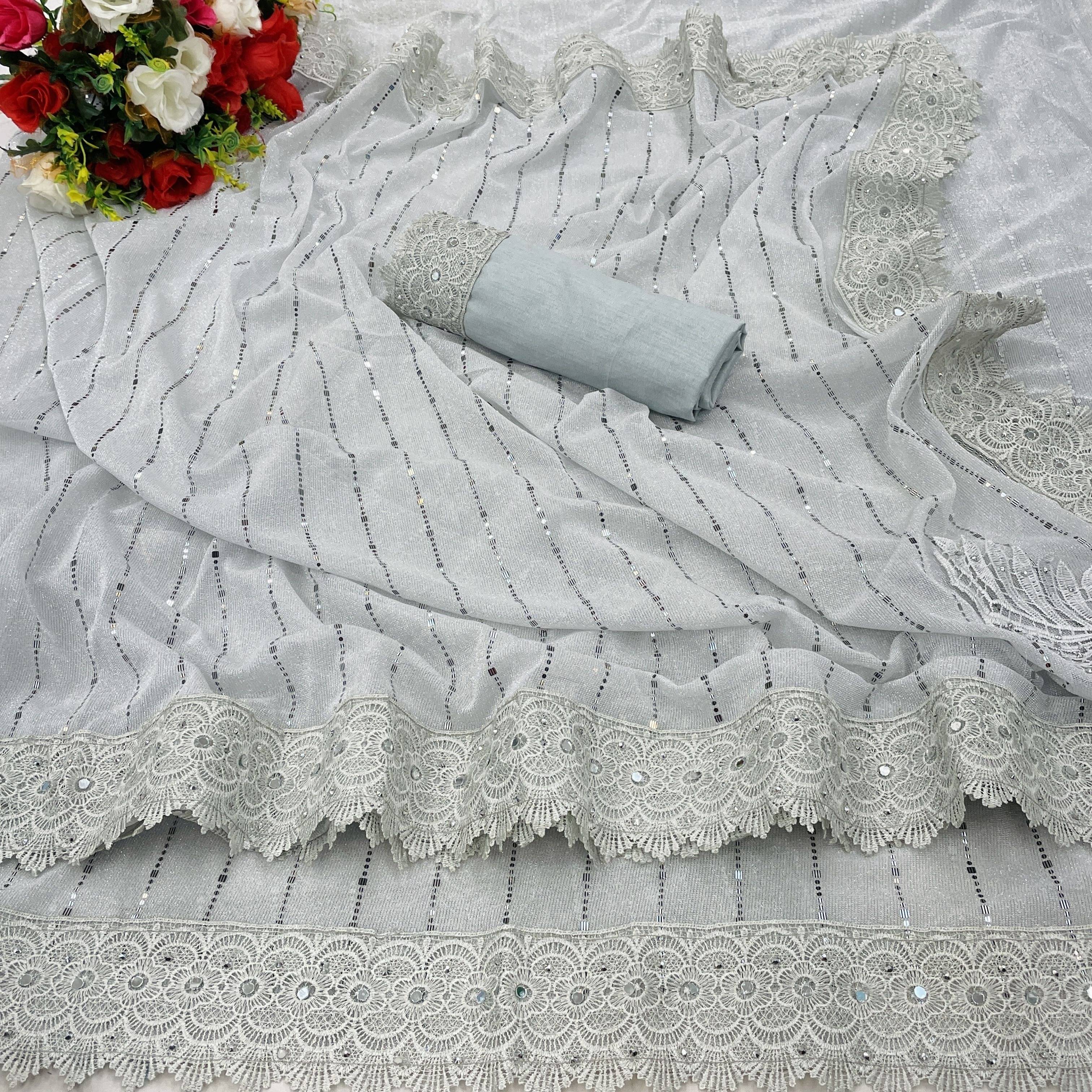 Rellaxa Waves Lycra Embellished Regular Saree With Unstitched Blouse Piece ( White ) Rellaxa Waves Lycra Embellished Regular Saree With Unstitched Blouse Piece ( White )