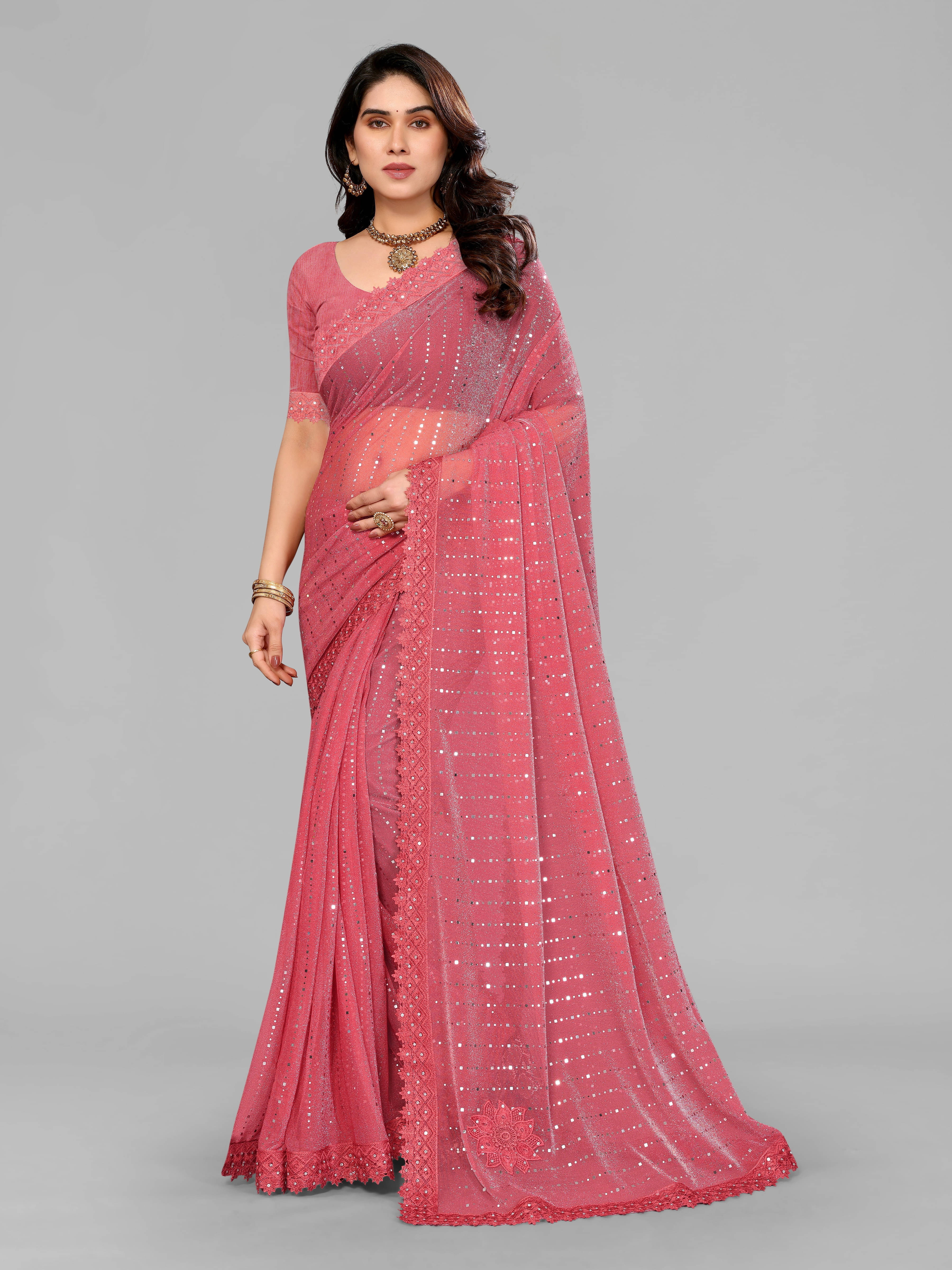 Rellaxa Waves Lycra Embellished Regular Saree With Unstitched Blouse Piece ( Pink ) Rellaxa Waves Lycra Embellished Regular Saree With Unstitched Blouse Piece ( Pink )