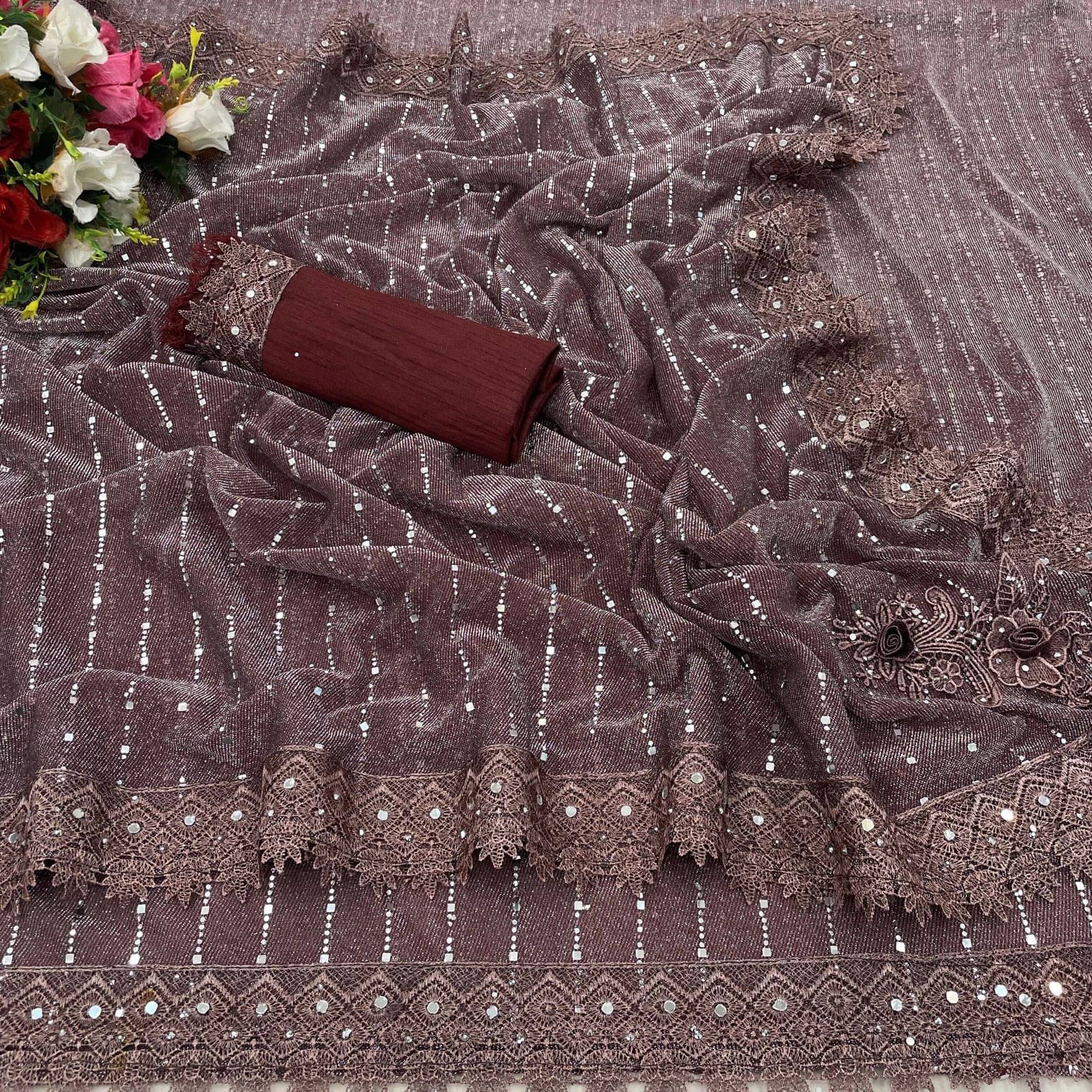 Rellaxa Waves Lycra Embellished Regular Saree With Unstitched Blouse Piece ( Maroon ) Rellaxa Waves Lycra Embellished Regular Saree With Unstitched Blouse Piece ( Maroon )