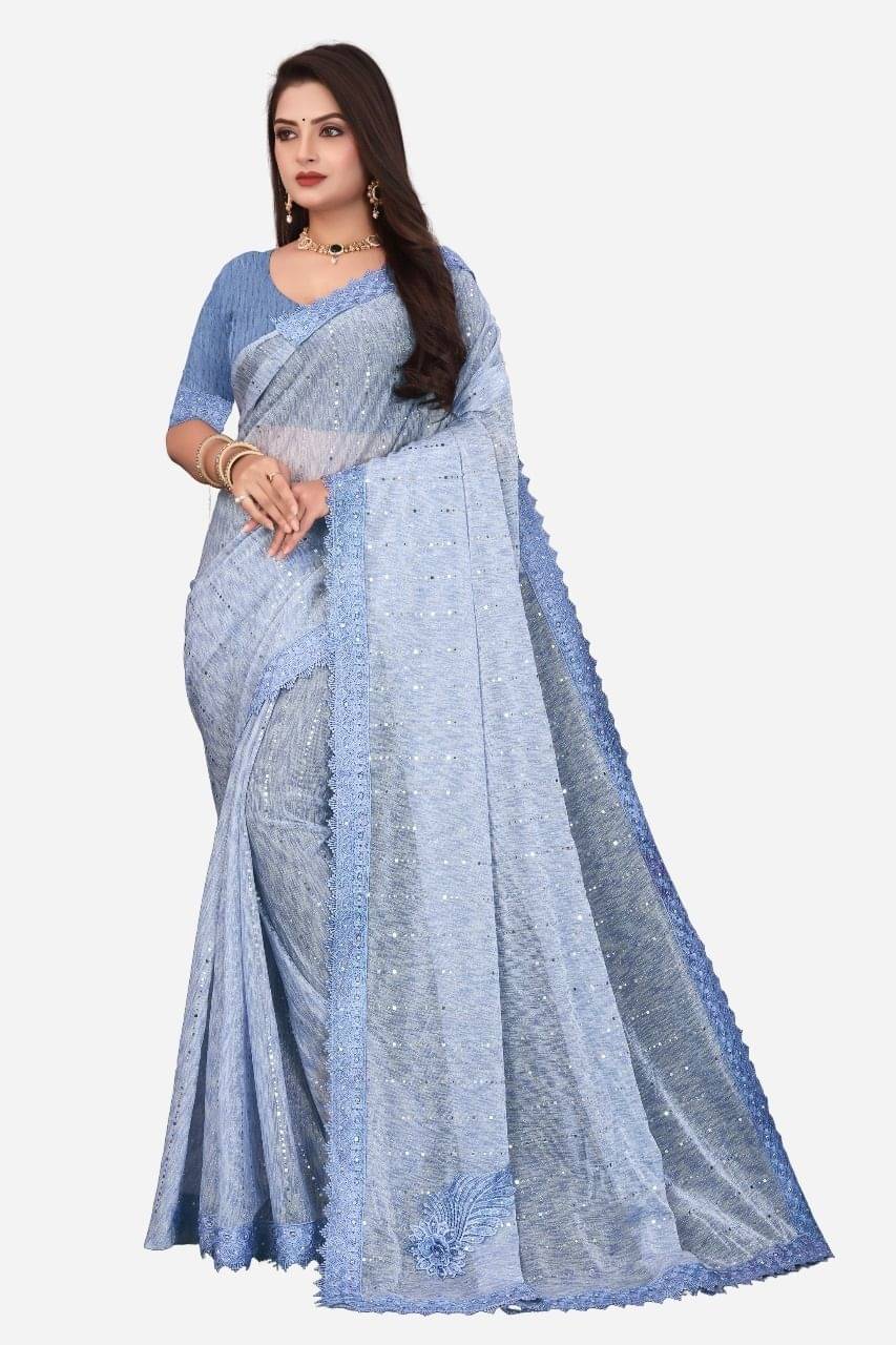 Rellaxa Waves Lycra Printed Regular Saree With Unstitched Blouse Piece ( Blue ) Rellaxa Waves Lycra Printed Regular Saree With Unstitched Blouse Piece ( Blue )