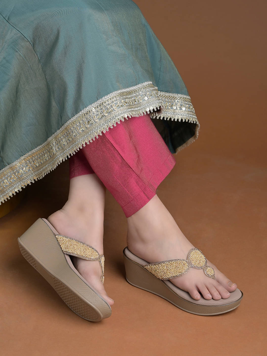     			Shoetopia Gold Women's Slip On Heels