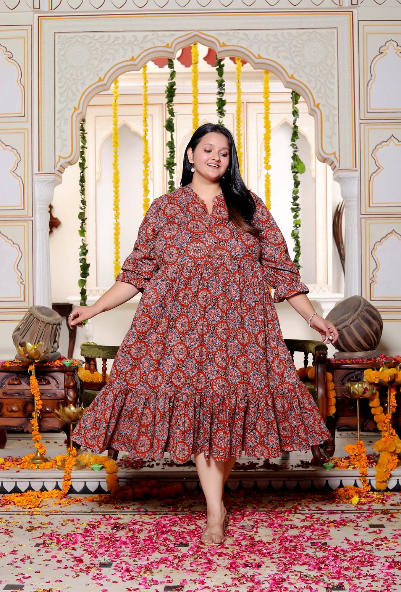     			Swasti Women Cotton Printed Fit & Flare Dress ( Maroon )